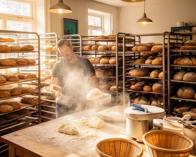 Interior of a warm bakery with racks of fresh loaves and a baker dusting flour on a wooden workbench in Birmingham B27